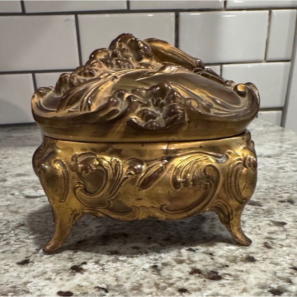 Other - Vintage Ornate Gold Tone Filigree Trinket Jewelry Box with Figural Lid